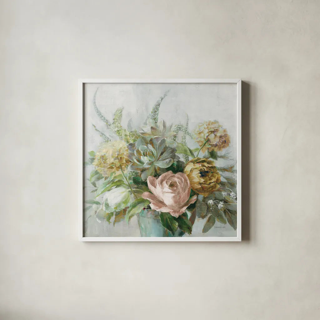 Natural Elegance Fall on Gray Crop by Danhui Nai. Shown in a crisp white glass frame for a clean and minimalist style. Available as an archival giclee rolled canvas, fine art paper, or poster print. SKU 85826a.