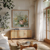 Natural Elegance Fall on Gray Crop by Danhui Nai. Shown in a natural wood frame in a cozy modern living room. Available as an archival giclee rolled canvas, fine art paper, or poster print. SKU 85826a.