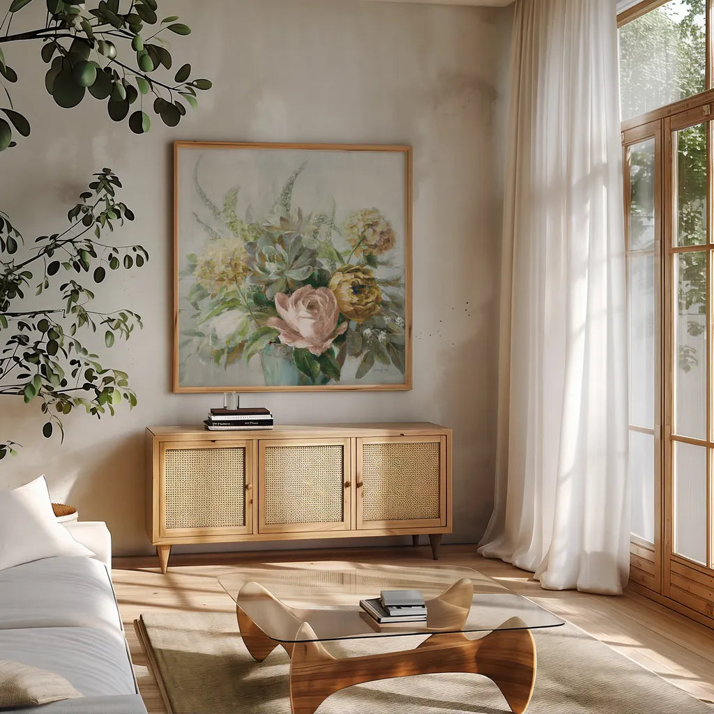 Natural Elegance Fall on Gray Crop by Danhui Nai. Shown in a natural wood frame in a cozy modern living room. Available as an archival giclee rolled canvas, fine art paper, or poster print. SKU 85826a.