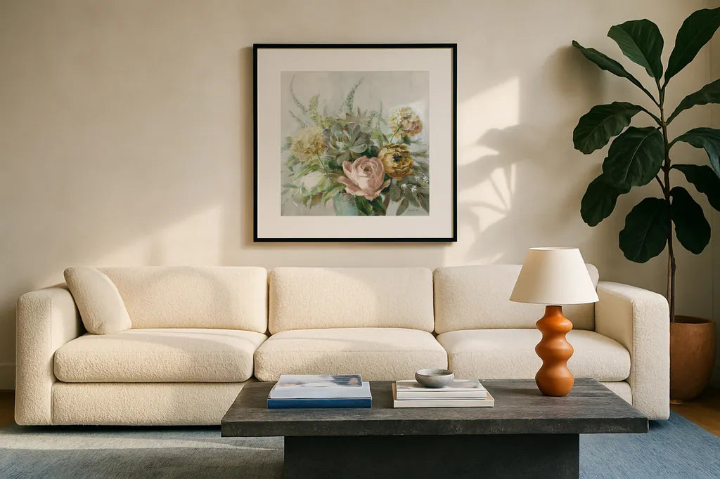 Natural Elegance Fall on Gray Crop by Danhui Nai. Displayed in a glass frame with matte in a clean modern living room. Available as an archival giclee rolled canvas, fine art paper, or poster print. SKU 85826a.