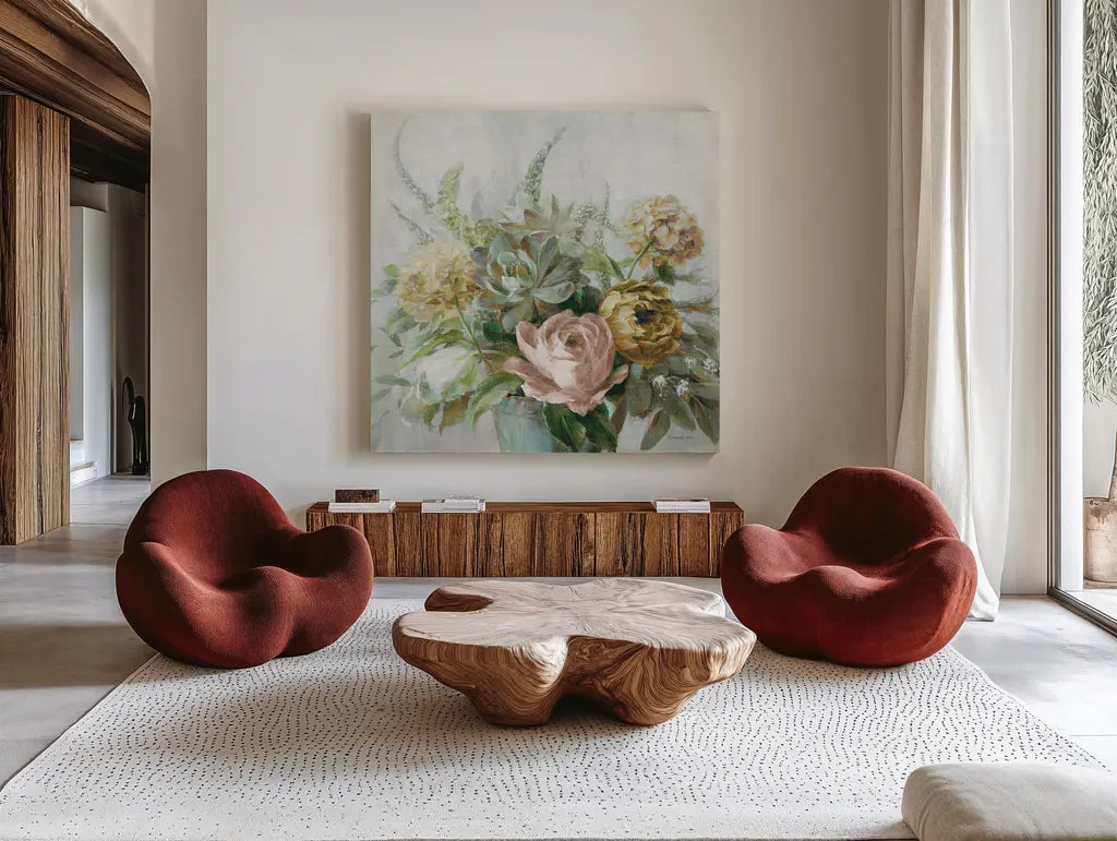 Natural Elegance Fall on Gray Crop by Danhui Nai. Shown as extra-large giant wall art in a modern living room. Available as an archival giclee rolled canvas, fine art paper, or poster print. SKU 85826a.