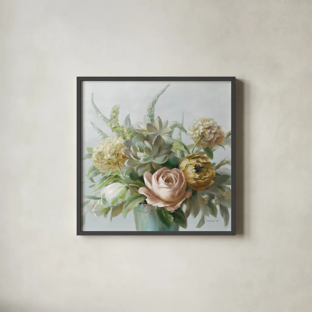 Natural Elegance Fall on Grey no Texture Crop by Danhui Nai. Shown in a sleek black glass frame for a contemporary gallery look. Available as an archival giclee rolled canvas, fine art paper, or poster print. SKU 87345a.