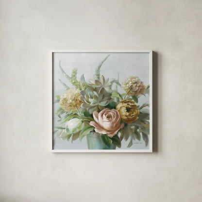 Natural Elegance Fall on Grey no Texture Crop by Danhui Nai. Shown in a crisp white glass frame for a clean and minimalist style. Available as an archival giclee rolled canvas, fine art paper, or poster print. SKU 87345a.