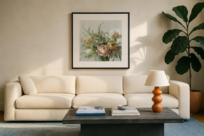 Natural Elegance Fall on Grey no Texture Crop by Danhui Nai. Displayed in a glass frame with matte in a clean modern living room. Available as an archival giclee rolled canvas, fine art paper, or poster print. SKU 87345a.