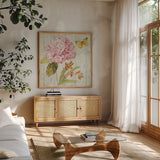 Natural Flora III by Danhui Nai. Shown in a natural wood frame in a cozy modern living room. Available as an archival giclee rolled canvas, fine art paper, or poster print. SKU 22624a.