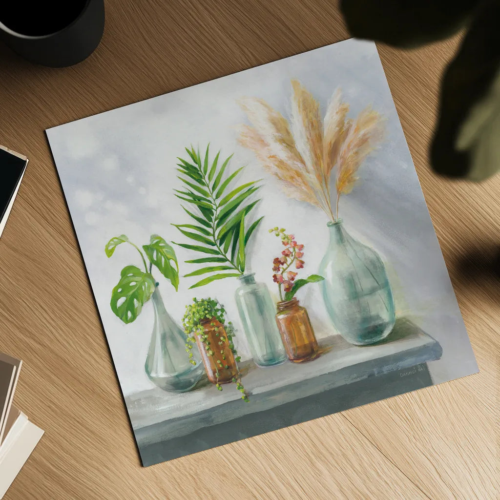 Natural Riches I Clear Vase by Danhui Nai. Shown as a detailed flat fine art print, highlighting archival giclee quality. Available as an archival giclee rolled canvas, fine art paper, or poster print. SKU 73435a.