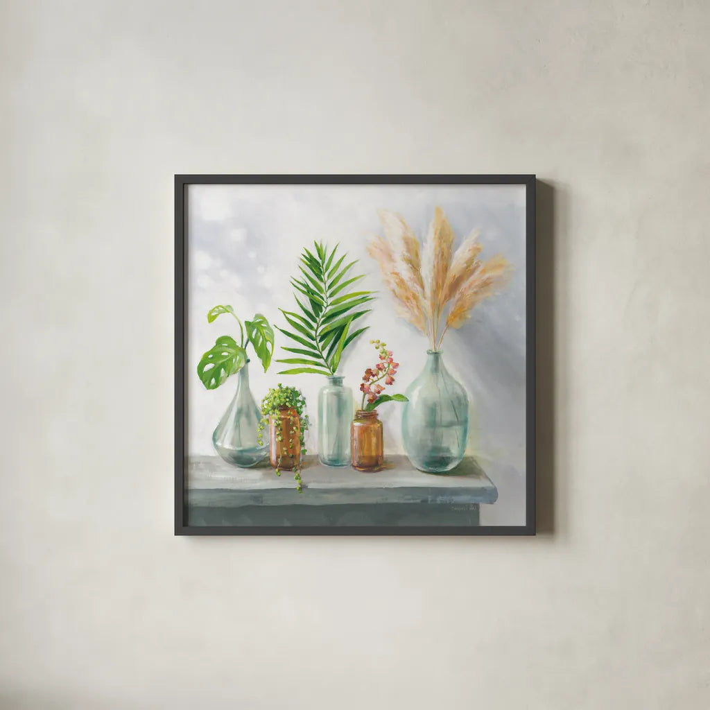 Natural Riches I Clear Vase by Danhui Nai. Shown in a sleek black glass frame for a contemporary gallery look. Available as an archival giclee rolled canvas, fine art paper, or poster print. SKU 73435a.