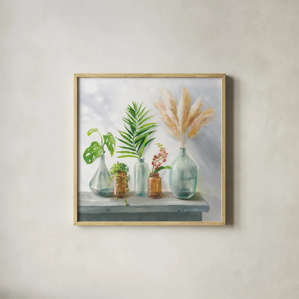 Natural Riches I Clear Vase by Danhui Nai. Shown in a natural wood glass frame for a timeless modern aesthetic. Available as an archival giclee rolled canvas, fine art paper, or poster print. SKU 73435a.