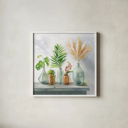 Natural Riches I Clear Vase by Danhui Nai. Shown in a crisp white glass frame for a clean and minimalist style. Available as an archival giclee rolled canvas, fine art paper, or poster print. SKU 73435a.