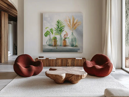 Natural Riches I Clear Vase by Danhui Nai. Shown as extra-large giant wall art in a modern living room. Available as an archival giclee rolled canvas, fine art paper, or poster print. SKU 73435a.