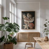 Nautical Shell Toss I by Danhui Nai. shown as a print in a natural wood frame in a dining room. Available as a archival giclee rolled canvas, fine art paper, or poster print. SKU 104795h.