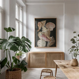 Nautical Shell Toss II by Danhui Nai. shown as a print in a natural wood frame in a dining room. Available as a archival giclee rolled canvas, fine art paper, or poster print. SKU 104796h.