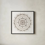 Neutral Mandala by Danhui Nai. Shown in a sleek black glass frame for a contemporary gallery look. Available as an archival giclee rolled canvas, fine art paper, or poster print. SKU 42193a.