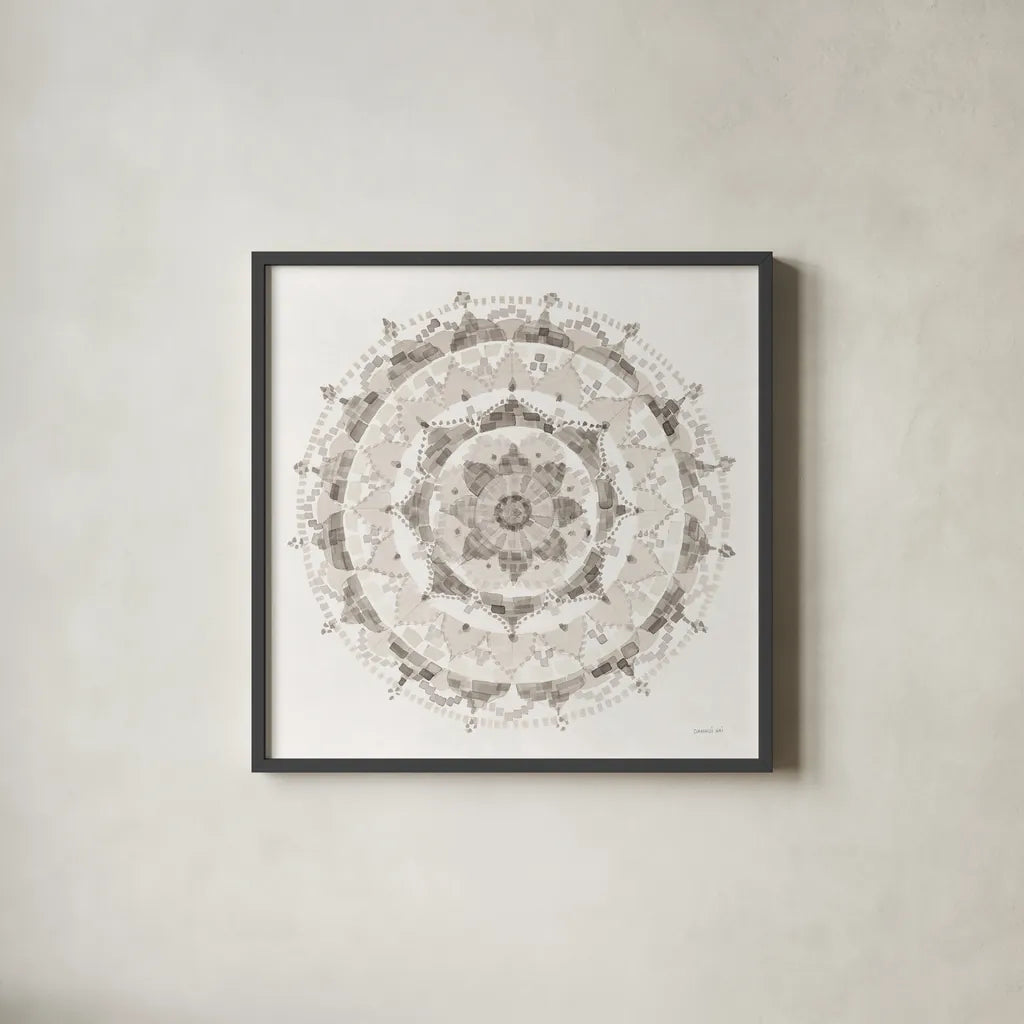 Neutral Mandala by Danhui Nai. Shown in a sleek black glass frame for a contemporary gallery look. Available as an archival giclee rolled canvas, fine art paper, or poster print. SKU 42193a.