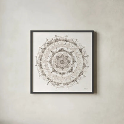 Neutral Mandala by Danhui Nai. Shown in a sleek black glass frame for a contemporary gallery look. Available as an archival giclee rolled canvas, fine art paper, or poster print. SKU 42193a.