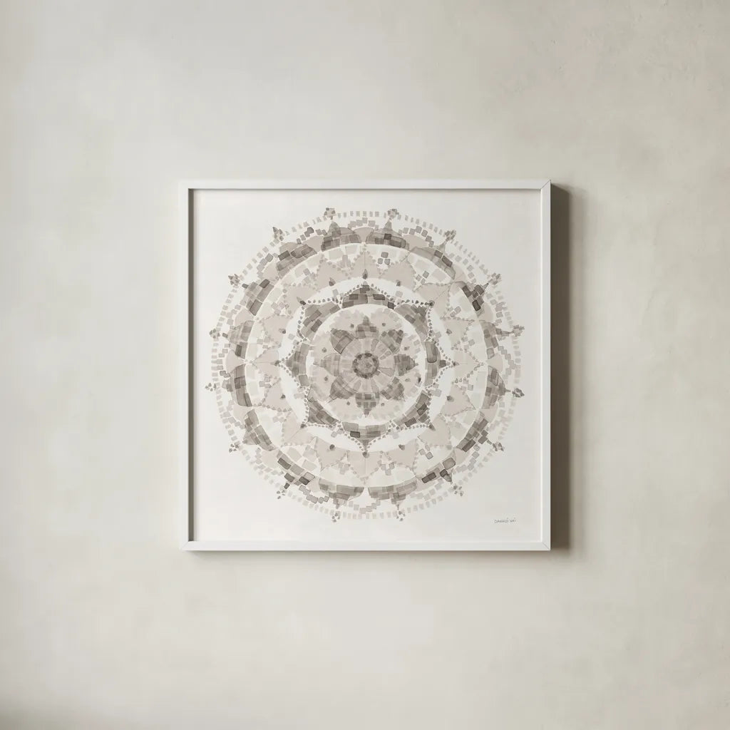 Neutral Mandala by Danhui Nai. Shown in a crisp white glass frame for a clean and minimalist style. Available as an archival giclee rolled canvas, fine art paper, or poster print. SKU 42193a.