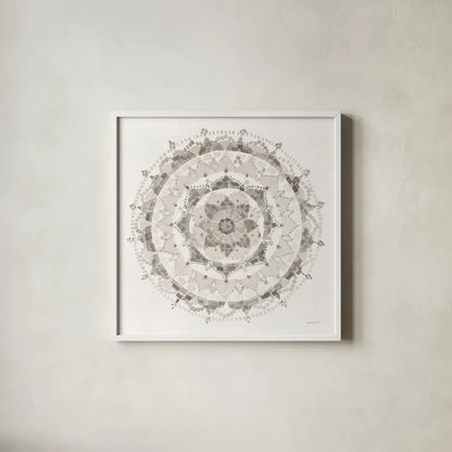 Neutral Mandala by Danhui Nai. Shown in a crisp white glass frame for a clean and minimalist style. Available as an archival giclee rolled canvas, fine art paper, or poster print. SKU 42193a.