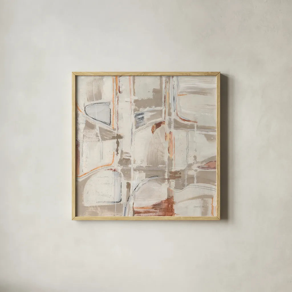 Neutral Nirvana by Danhui Nai. Shown in a natural wood glass frame for a timeless modern aesthetic. Available as an archival giclee rolled canvas, fine art paper, or poster print. SKU 85209a.