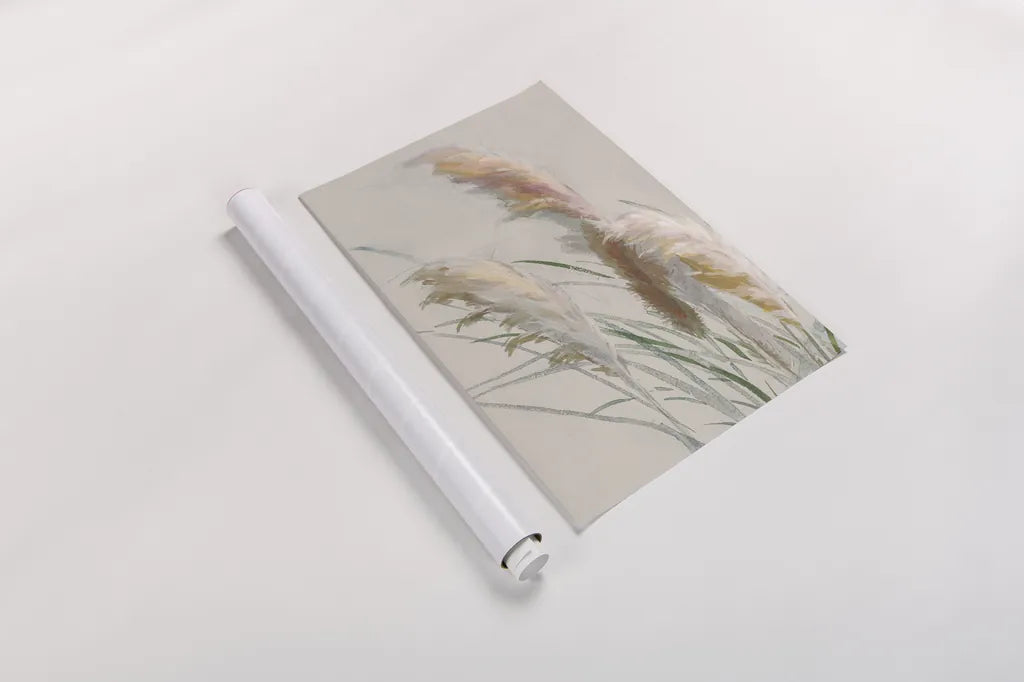 Neutral Pampas Grasses II by Danhui Nai. shown as a rolled paper print. Available as archival giclee rolled canvas, fine art paper, or poster print. SKU 81066h.