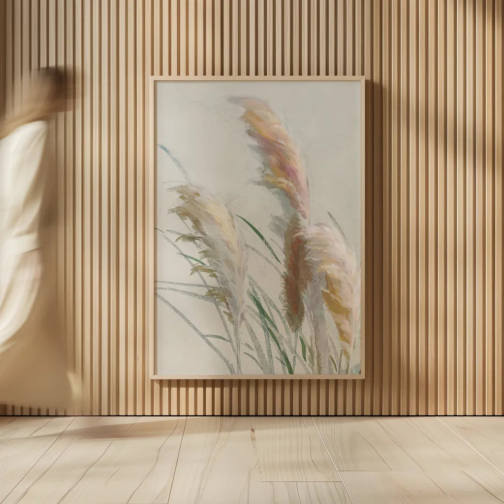 Neutral Pampas Grasses II by Danhui Nai. shown as over sized large wall art. Available as an archival giclee rolled canvas, fine art paper, or poster print. SKU 81066h.