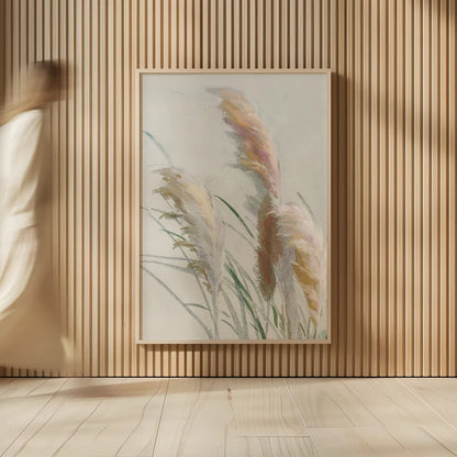 Neutral Pampas Grasses II by Danhui Nai. shown as over sized large wall art. Available as an archival giclee rolled canvas, fine art paper, or poster print. SKU 81066h.