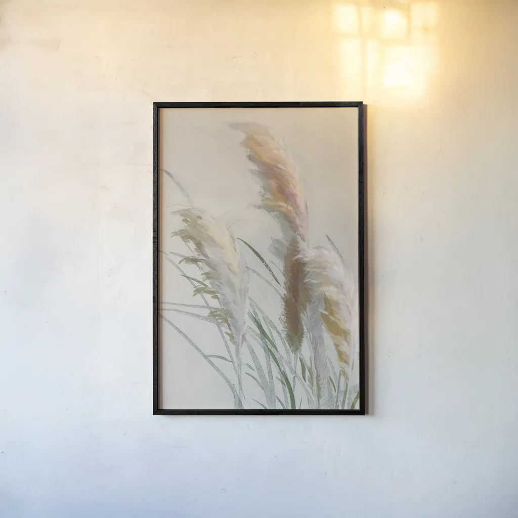 Neutral Pampas Grasses II by Danhui Nai. shown as a paper print in a black flame. Available as a archival giclee rolled canvas, fine art paper, or poster print. SKU 81066h.