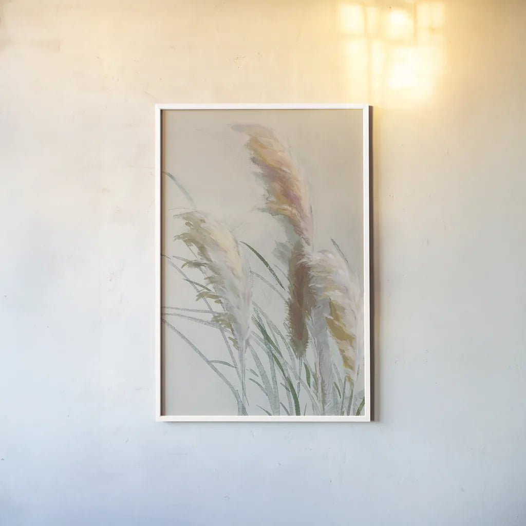 Neutral Pampas Grasses II by Danhui Nai. shown as a paper print in a white frame. Available as a archival giclee rolled canvas, fine art paper, or poster print. SKU 81066h.