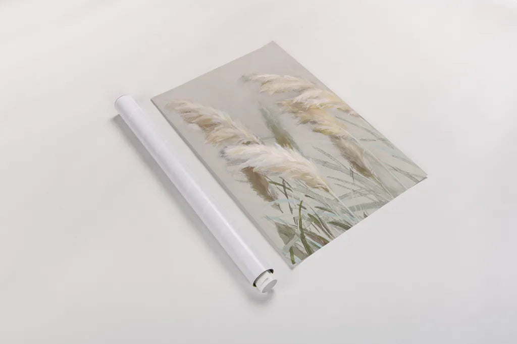 Neutral Pampas Grasses III by Danhui Nai. shown as a rolled paper print. Available as archival giclee rolled canvas, fine art paper, or poster print. SKU 81067h.
