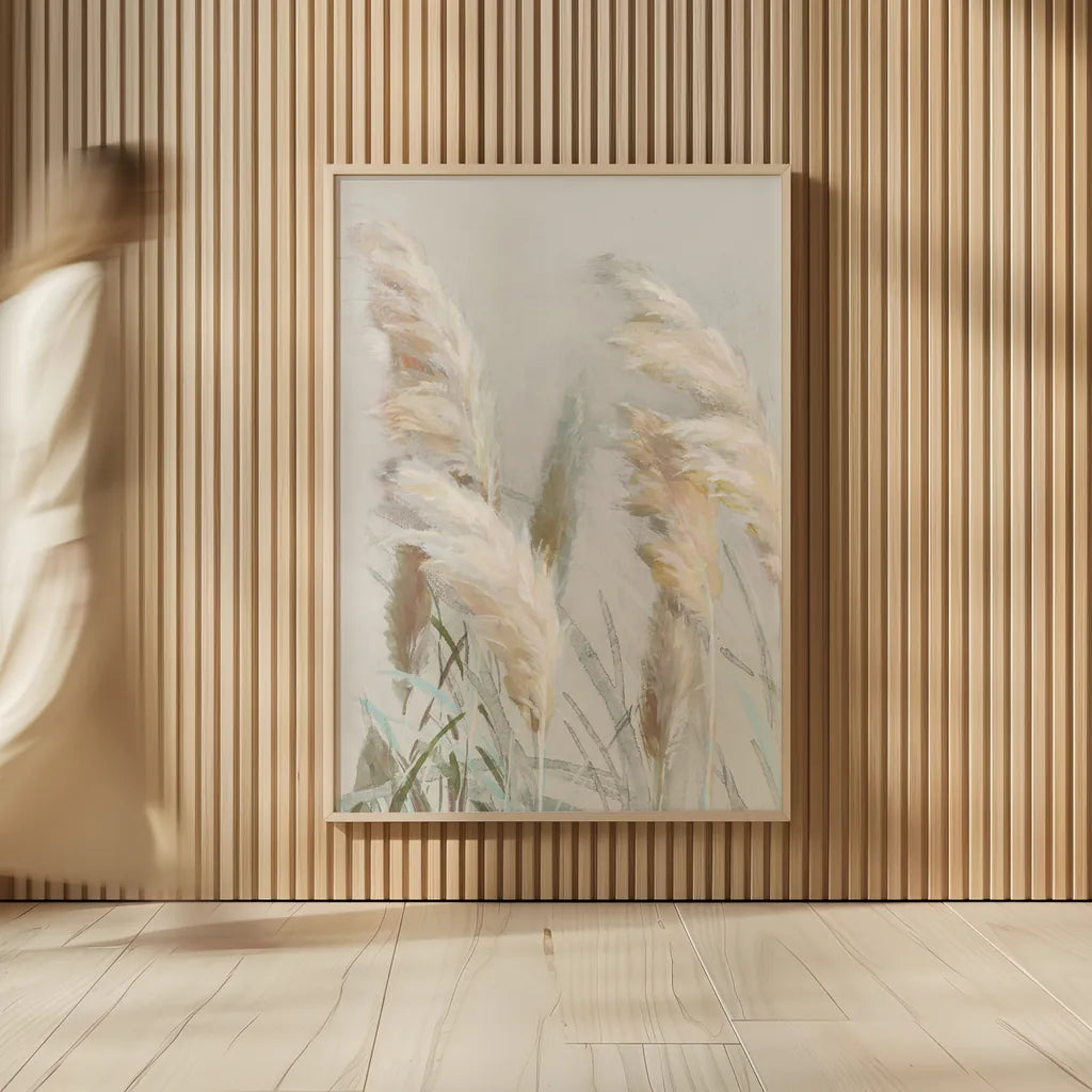 Neutral Pampas Grasses III by Danhui Nai. shown as over sized large wall art. Available as an archival giclee rolled canvas, fine art paper, or poster print. SKU 81067h.