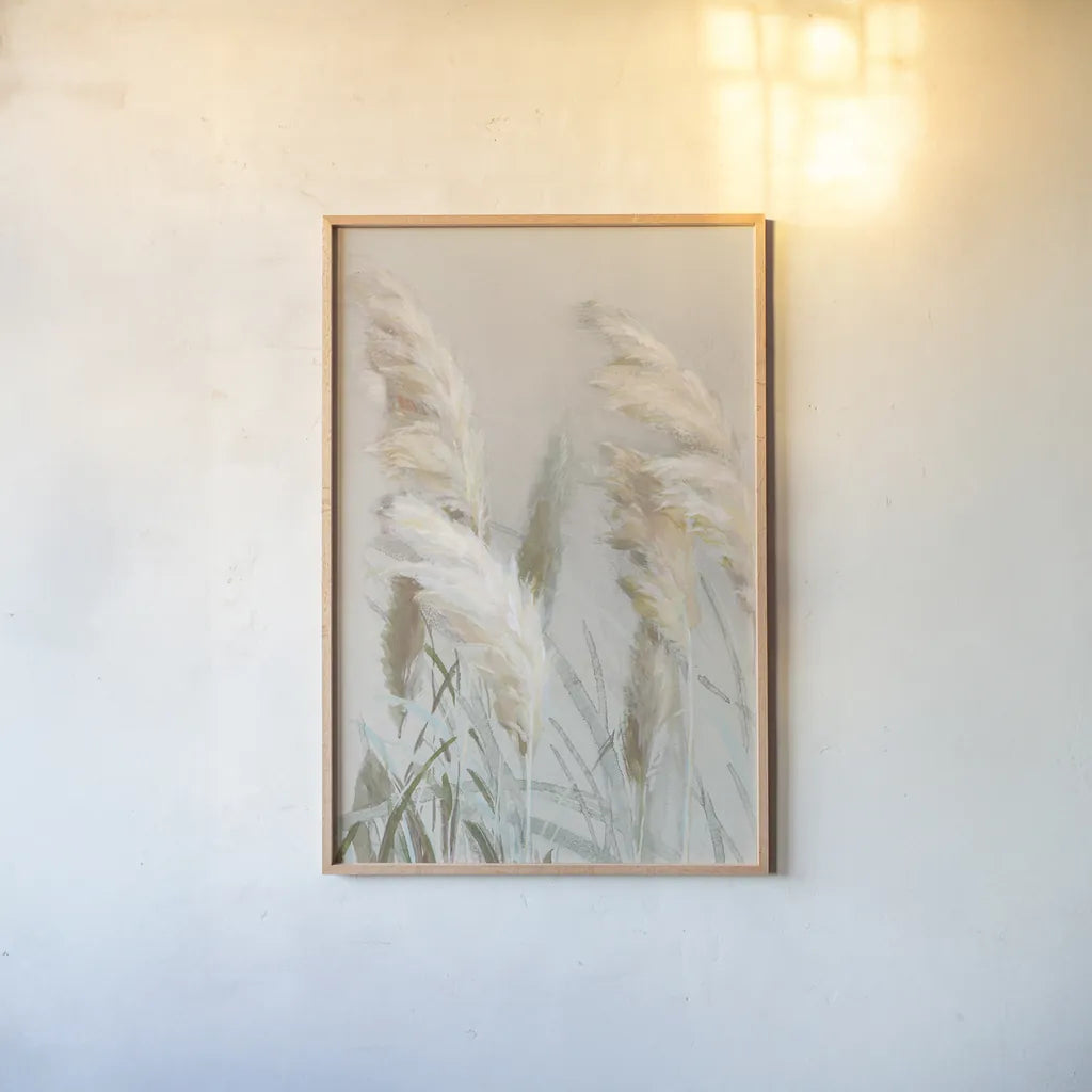 Neutral Pampas Grasses III by Danhui Nai. shown as a paper print in a natural frame. Available as a archival giclee rolled canvas, fine art paper, or poster print. SKU 81067h.