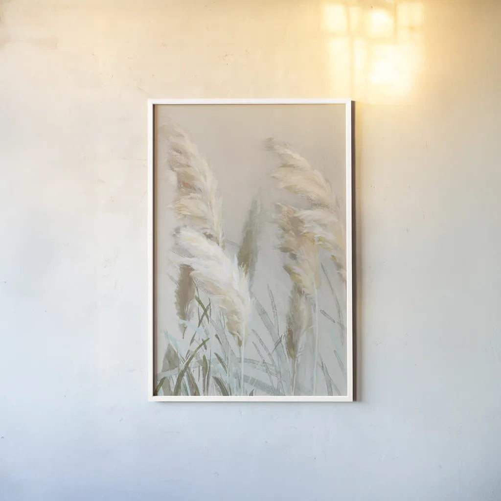 Neutral Pampas Grasses III by Danhui Nai. shown as a paper print in a white frame. Available as a archival giclee rolled canvas, fine art paper, or poster print. SKU 81067h.