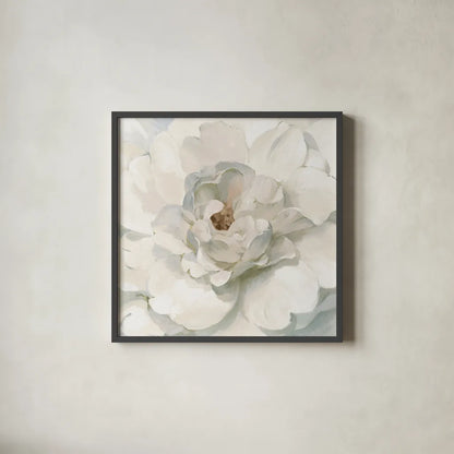 Neutral Peony by Danhui Nai. Shown in a sleek black glass frame for a contemporary gallery look. Available as an archival giclee rolled canvas, fine art paper, or poster print. SKU 52276a.