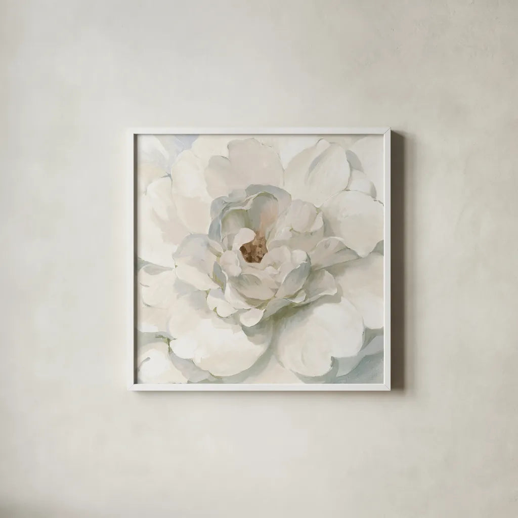 Neutral Peony by Danhui Nai. Shown in a crisp white glass frame for a clean and minimalist style. Available as an archival giclee rolled canvas, fine art paper, or poster print. SKU 52276a.