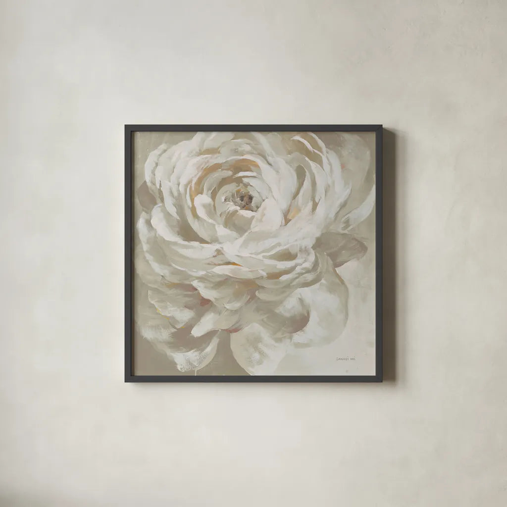 Neutral Rose by Danhui Nai. Shown in a sleek black glass frame for a contemporary gallery look. Available as an archival giclee rolled canvas, fine art paper, or poster print. SKU 77168a.
