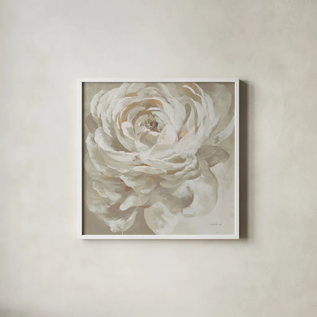 Neutral Rose by Danhui Nai. Shown in a crisp white glass frame for a clean and minimalist style. Available as an archival giclee rolled canvas, fine art paper, or poster print. SKU 77168a.