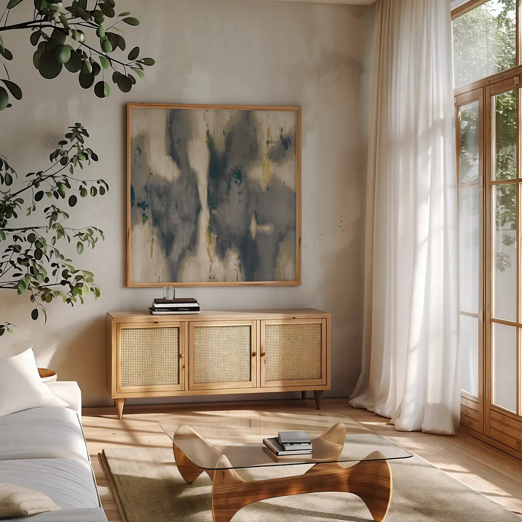 Neutral Texture I by Danhui Nai. Shown in a natural wood frame in a cozy modern living room. Available as an archival giclee rolled canvas, fine art paper, or poster print. SKU 65136a.