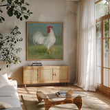 Noble Rooster I by Danhui Nai. Shown in a natural wood frame in a cozy modern living room. Available as an archival giclee rolled canvas, fine art paper, or poster print. SKU 18532a.