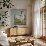 Noble Rooster I Vintage by Danhui Nai. Shown in a natural wood frame in a cozy modern living room. Available as an archival giclee rolled canvas, fine art paper, or poster print. SKU 19109a.