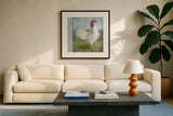 Noble Rooster I Vintage by Danhui Nai. Displayed in a glass frame with matte in a clean modern living room. Available as an archival giclee rolled canvas, fine art paper, or poster print. SKU 19109a.