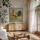 Noble Rooster II by Danhui Nai. Shown in a natural wood frame in a cozy modern living room. Available as an archival giclee rolled canvas, fine art paper, or poster print. SKU 18533a.