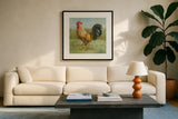 Noble Rooster II by Danhui Nai. Displayed in a glass frame with matte in a clean modern living room. Available as an archival giclee rolled canvas, fine art paper, or poster print. SKU 18533a.