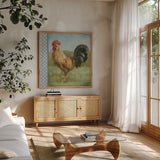 Noble Rooster II Vintage by Danhui Nai. Shown in a natural wood frame in a cozy modern living room. Available as an archival giclee rolled canvas, fine art paper, or poster print. SKU 19110a.