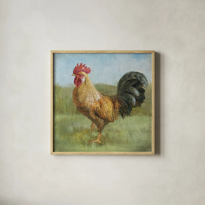 Noble Rooster II Vintage No Border by Danhui Nai. Shown in a natural wood glass frame for a timeless modern aesthetic. Available as an archival giclee rolled canvas, fine art paper, or poster print. SKU 15647a.