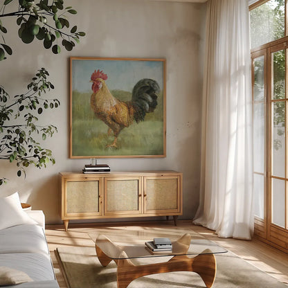 Noble Rooster II Vintage No Border by Danhui Nai. Shown in a natural wood frame in a cozy modern living room. Available as an archival giclee rolled canvas, fine art paper, or poster print. SKU 15647a.