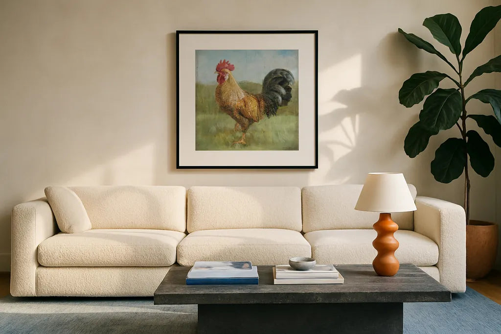 Noble Rooster II Vintage No Border by Danhui Nai. Displayed in a glass frame with matte in a clean modern living room. Available as an archival giclee rolled canvas, fine art paper, or poster print. SKU 15647a.
