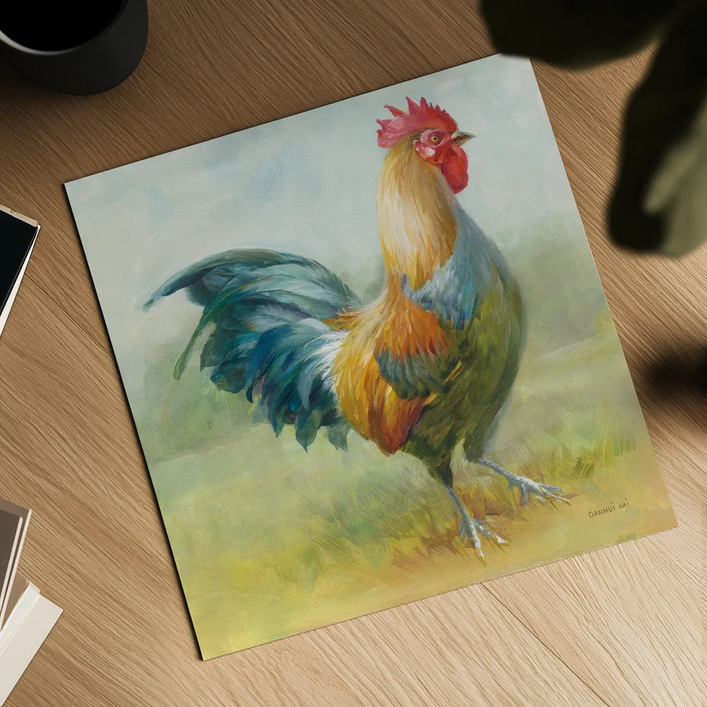 Noble Rooster III by Danhui Nai. Shown as a detailed flat fine art print, highlighting archival giclee quality. Available as an archival giclee rolled canvas, fine art paper, or poster print. SKU 18225a.