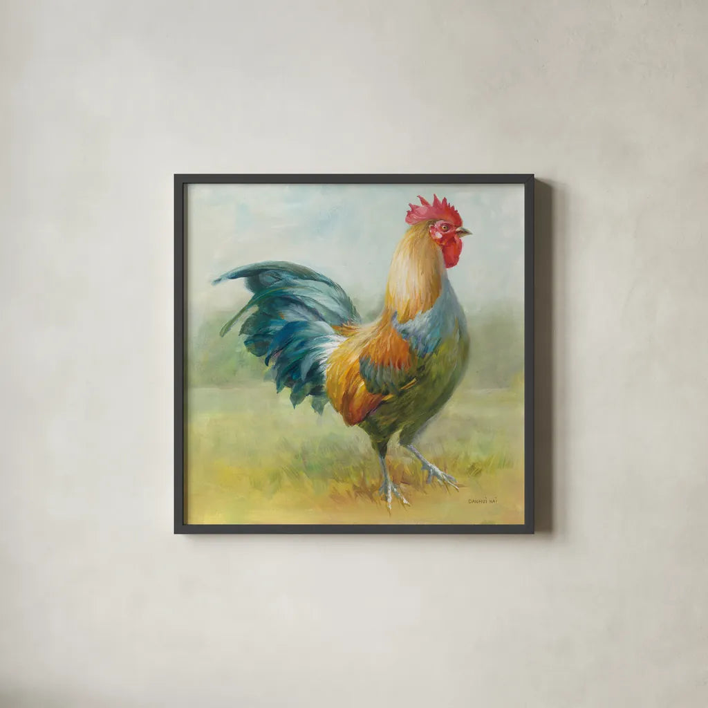 Noble Rooster III by Danhui Nai. Shown in a sleek black glass frame for a contemporary gallery look. Available as an archival giclee rolled canvas, fine art paper, or poster print. SKU 18225a.