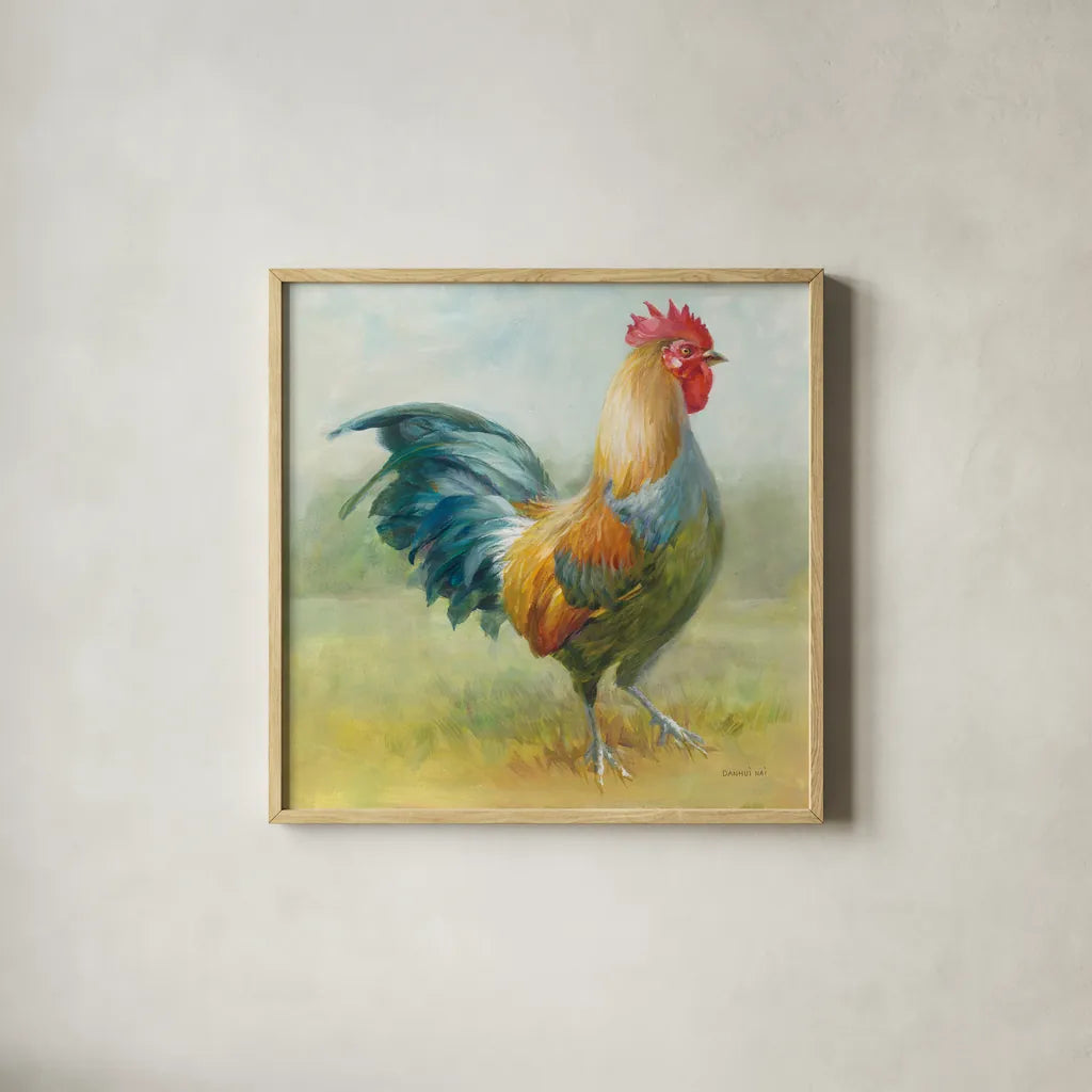 Noble Rooster III by Danhui Nai. Shown in a natural wood glass frame for a timeless modern aesthetic. Available as an archival giclee rolled canvas, fine art paper, or poster print. SKU 18225a.