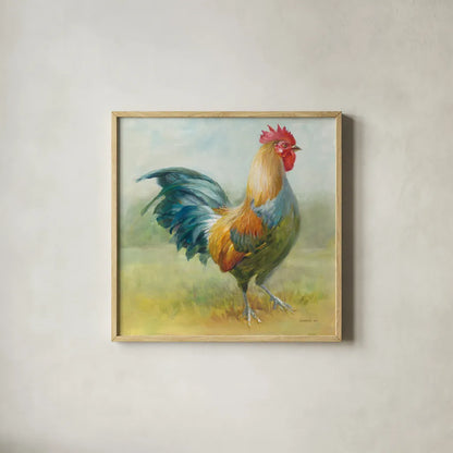Noble Rooster III by Danhui Nai. Shown in a natural wood glass frame for a timeless modern aesthetic. Available as an archival giclee rolled canvas, fine art paper, or poster print. SKU 18225a.