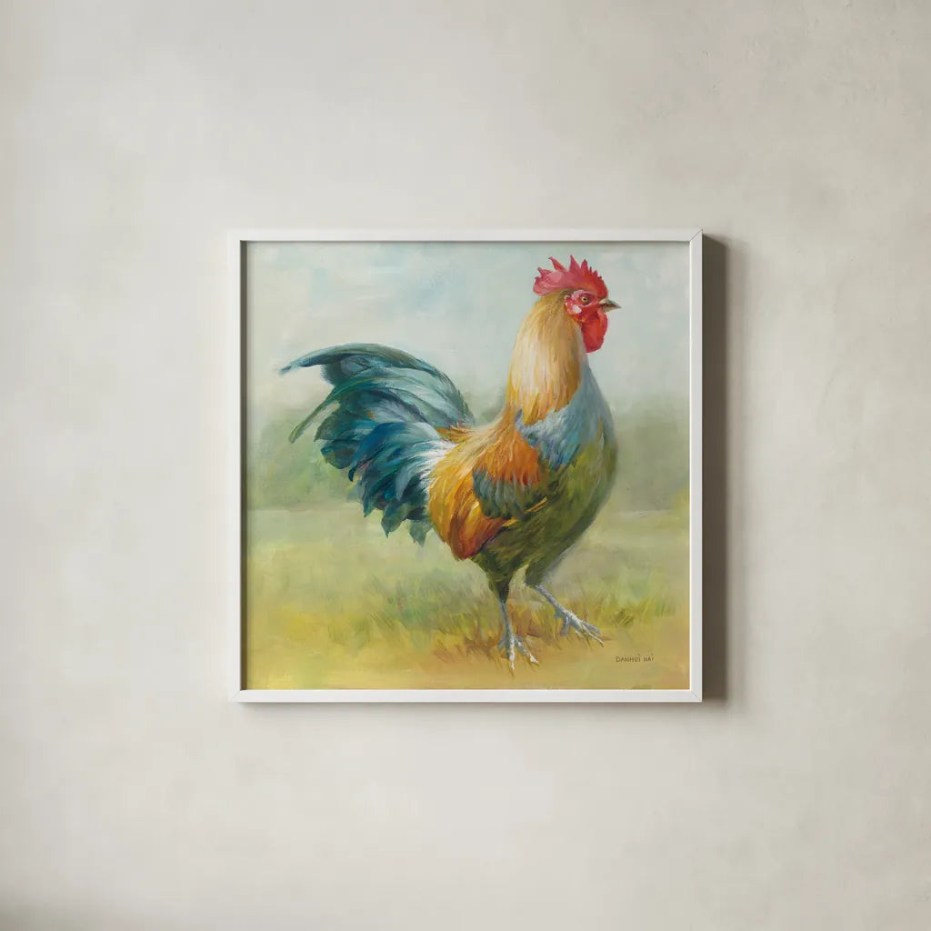 Noble Rooster III by Danhui Nai. Shown in a crisp white glass frame for a clean and minimalist style. Available as an archival giclee rolled canvas, fine art paper, or poster print. SKU 18225a.